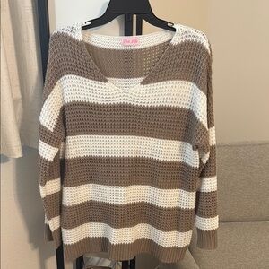 Pink Lily V-Neck Brown and White Striped Sweater